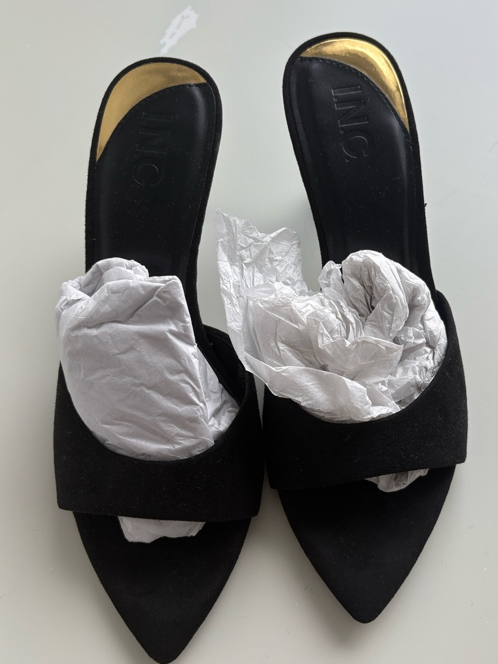 INC International Concepts Black Pointed Slip-On Mules with Gold Accent